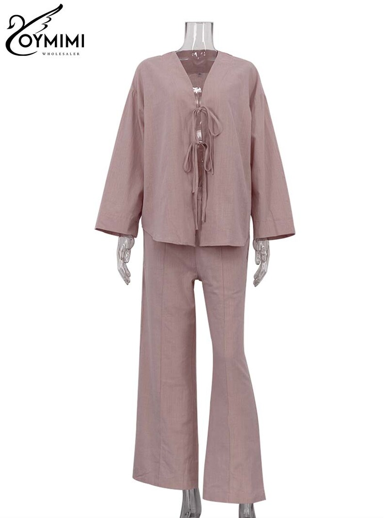 Oymimi modni zeleni pamučni kompleti Ženske 2-dijelne elegantne nove majice s dugim rukavima na vezanje s V-izrezom i jednostavni kompleti ravnih hlača