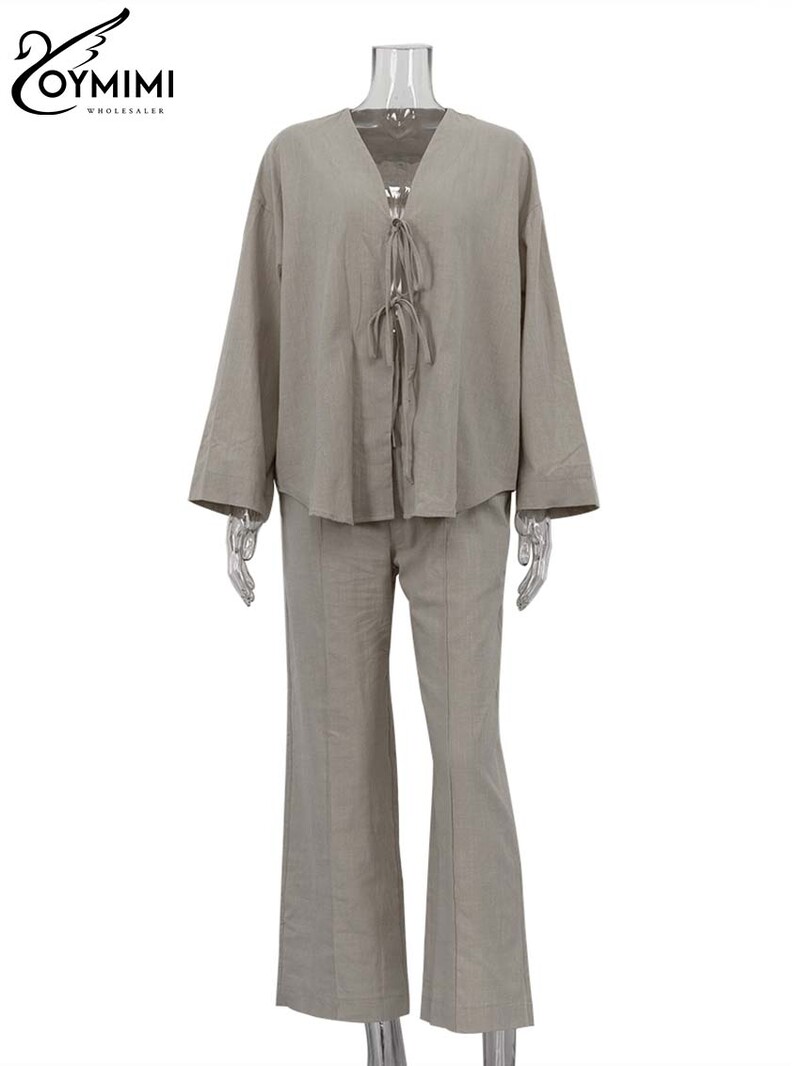Oymimi modni zeleni pamučni kompleti Ženske 2-dijelne elegantne nove majice s dugim rukavima na vezanje s V-izrezom i jednostavni kompleti ravnih hlača