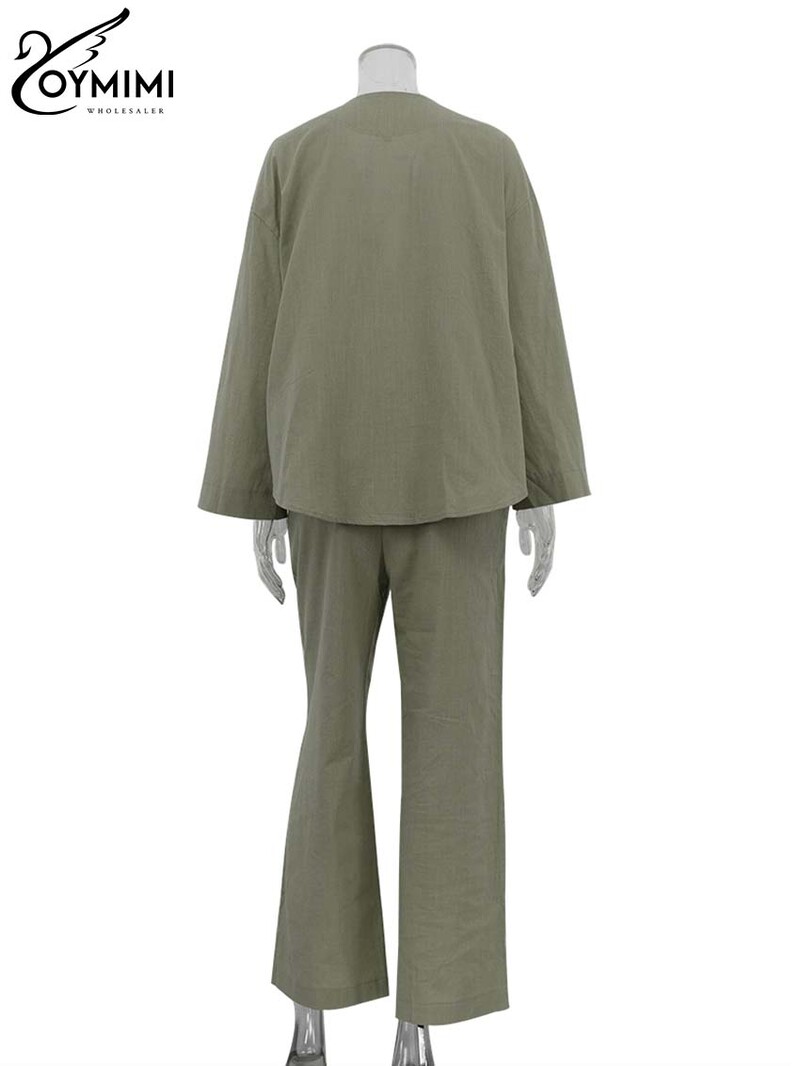 Oymimi modni zeleni pamučni kompleti Ženske 2-dijelne elegantne nove majice s dugim rukavima na vezanje s V-izrezom i jednostavni kompleti ravnih hlača