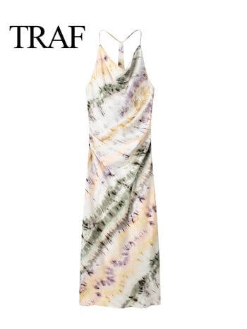 TRAF Women Fashion Tie Dye Φαρδύ φερμουάρ στο πλάι Casual Camis Φόρεμα 3 Κοστούμι με γυριστό γιακά Streetwear πουκάμισο Flare φερμουάρ Fly παντελόνι