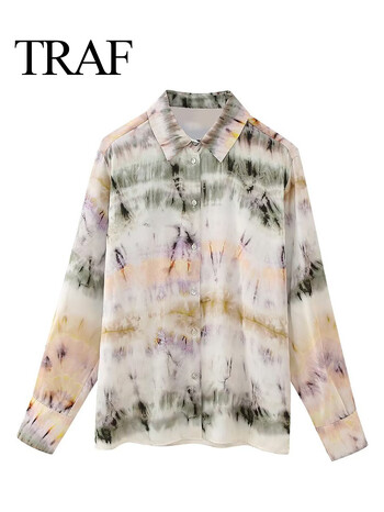 TRAF Women Fashion Tie Dye Φαρδύ φερμουάρ στο πλάι Casual Camis Φόρεμα 3 Κοστούμι με γυριστό γιακά Streetwear πουκάμισο Flare φερμουάρ Fly παντελόνι