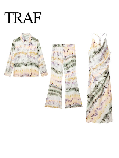 TRAF Femei Fashion Tie Dye cu fermoar lateral cu fermoar ocazional Rochie cu 3 costumuri, cu guler răsturnat, cămașă cu fermoar evazat, pantaloni muschi