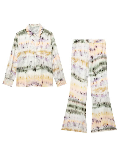 TRAF Ženska moda Tie Dye Labavi patentni zatvarač sa strane, ležerna haljina s 3 odijela s otvorenim ovratnikom, ulična košulja, široke hlače s patentnim zatvaračem