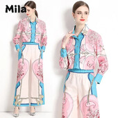 Nova jesen 2024. Košulja s retro printom u palači Široke nogavice Kompleti hlača za žene 2-dijelni komplet 2-dijelna Femme Trafza odjeća