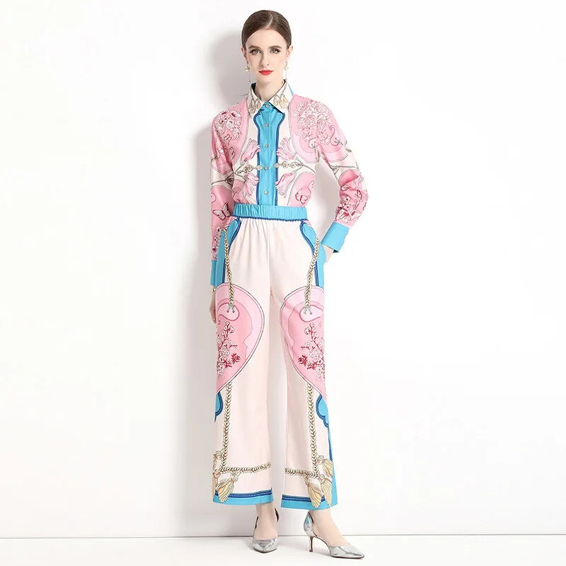 Nova jesen 2024. Košulja s retro printom u palači Široke nogavice Kompleti hlača za žene 2-dijelni komplet 2-dijelna Femme Trafza odjeća