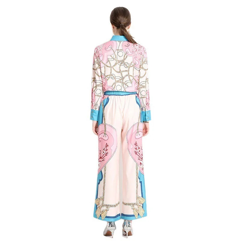 Nova jesen 2024. Košulja s retro printom u palači Široke nogavice Kompleti hlača za žene 2-dijelni komplet 2-dijelna Femme Trafza odjeća