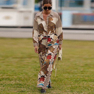 Trükitavad laia säärega püksid naiste ülikonnad, vintage üherealised, allapoole kraega naiste pluus, kõrge vöökohaga püksid 2024, uus šikk