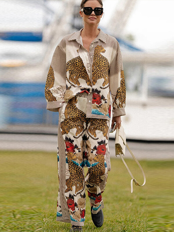 Trükitavad laia säärega püksid naiste ülikonnad, vintage üherealised, allapoole kraega naiste pluus, kõrge vöökohaga püksid 2024, uus šikk