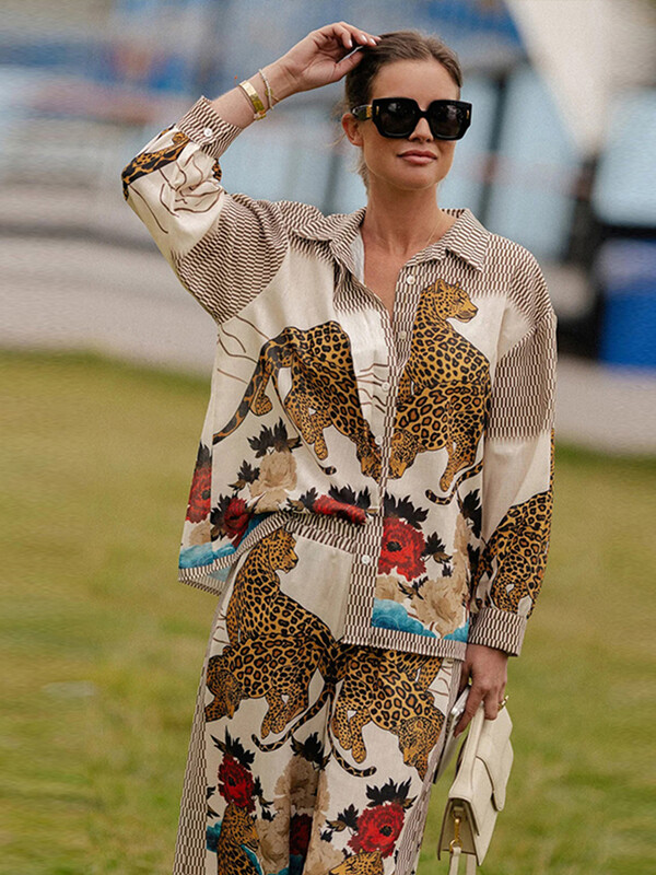 Trükitavad laia säärega püksid naiste ülikonnad, vintage üherealised, allapoole kraega naiste pluus, kõrge vöökohaga püksid 2024, uus šikk