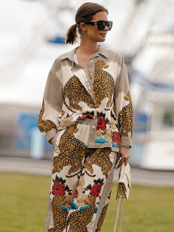 Trükitavad laia säärega püksid naiste ülikonnad, vintage üherealised, allapoole kraega naiste pluus, kõrge vöökohaga püksid 2024, uus šikk