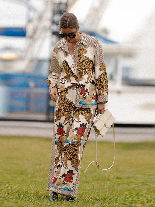 Trükitavad laia säärega püksid naiste ülikonnad, vintage üherealised, allapoole kraega naiste pluus, kõrge vöökohaga püksid 2024, uus šikk