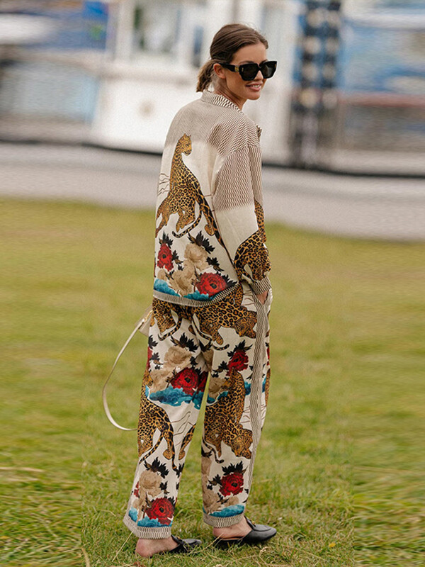 Trükitavad laia säärega püksid naiste ülikonnad, vintage üherealised, allapoole kraega naiste pluus, kõrge vöökohaga püksid 2024, uus šikk