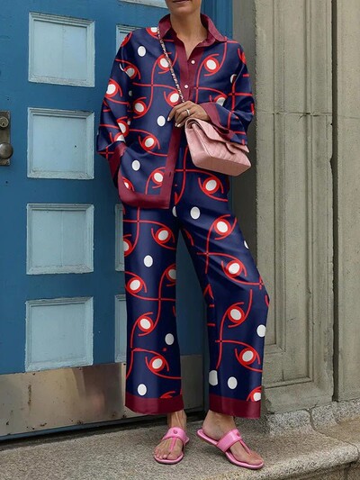 Moeprintimisega pükste komplektid naistele 2024. aasta kevadsügis pikkade varrukatega särgi ja kõrge vöökohaga pükstekomplektid vabaaja koduülikond