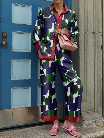 Moeprintimisega pükste komplektid naistele 2024. aasta kevadsügis pikkade varrukatega särgi ja kõrge vöökohaga pükstekomplektid vabaaja koduülikond