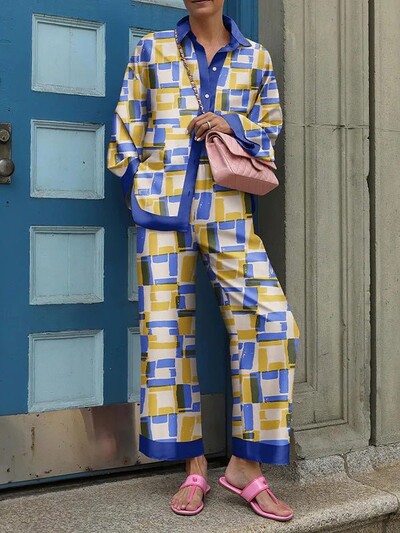 Moeprintimisega pükste komplektid naistele 2024. aasta kevadsügis pikkade varrukatega särgi ja kõrge vöökohaga pükstekomplektid vabaaja koduülikond