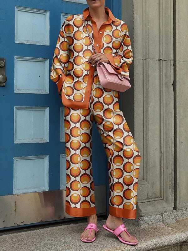 Moeprintimisega pükste komplektid naistele 2024. aasta kevadsügis pikkade varrukatega särgi ja kõrge vöökohaga pükstekomplektid vabaaja koduülikond