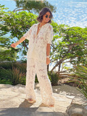 Naiste mood heegeldatud õõnsate pükstega komplekt Šikk revääriga lühikeste varrukatega üherealine ülikond naiste kõrge vöökohaga sirge jalaga pükste komplekt