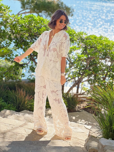 Naiste mood heegeldatud õõnsate pükstega komplekt Šikk revääriga lühikeste varrukatega üherealine ülikond naiste kõrge vöökohaga sirge jalaga pükste komplekt