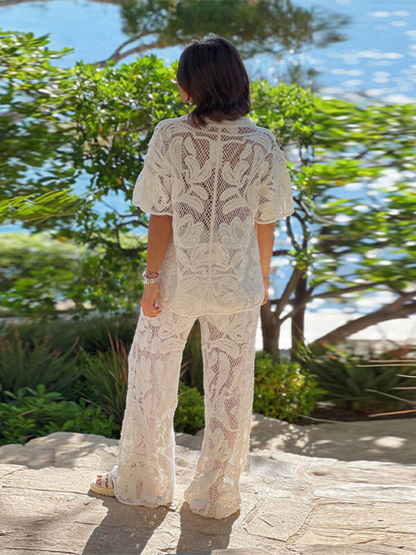 Naiste mood heegeldatud õõnsate pükstega komplekt Šikk revääriga lühikeste varrukatega üherealine ülikond naiste kõrge vöökohaga sirge jalaga pükste komplekt