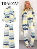 TRAFZA Ženske bluze s printom na kravatu Kompleti hlača Košulja dugih rukava Ležerne ravne hlače visokog struka Modna odjeća za visoke ulice