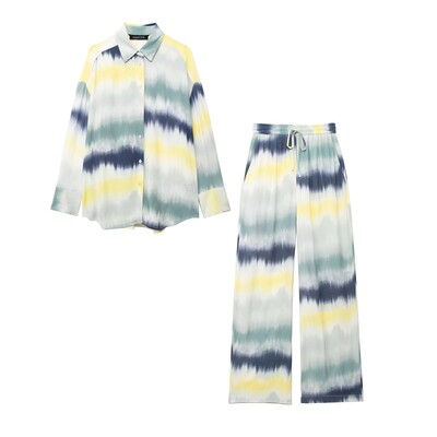 TRAFZA Ženske bluze s printom na kravatu Kompleti hlača Košulja dugih rukava Ležerne ravne hlače visokog struka Modna odjeća za visoke ulice