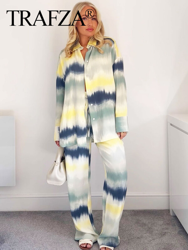 TRAFZA Ženske bluze s printom na kravatu Kompleti hlača Košulja dugih rukava Ležerne ravne hlače visokog struka Modna odjeća za visoke ulice