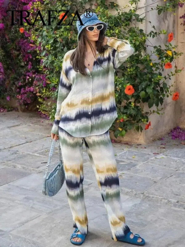 TRAFZA Ženske bluze s printom na kravatu Kompleti hlača Košulja dugih rukava Ležerne ravne hlače visokog struka Modna odjeća za visoke ulice