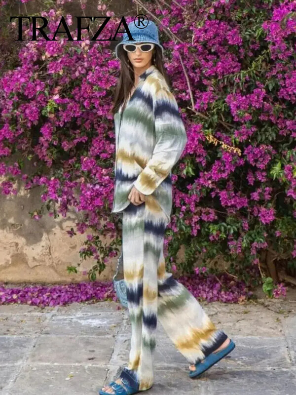 TRAFZA Ženske bluze s printom na kravatu Kompleti hlača Košulja dugih rukava Ležerne ravne hlače visokog struka Modna odjeća za visoke ulice