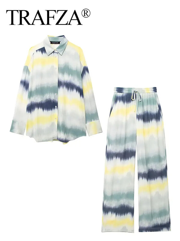 TRAFZA Ženske bluze s printom na kravatu Kompleti hlača Košulja dugih rukava Ležerne ravne hlače visokog struka Modna odjeća za visoke ulice