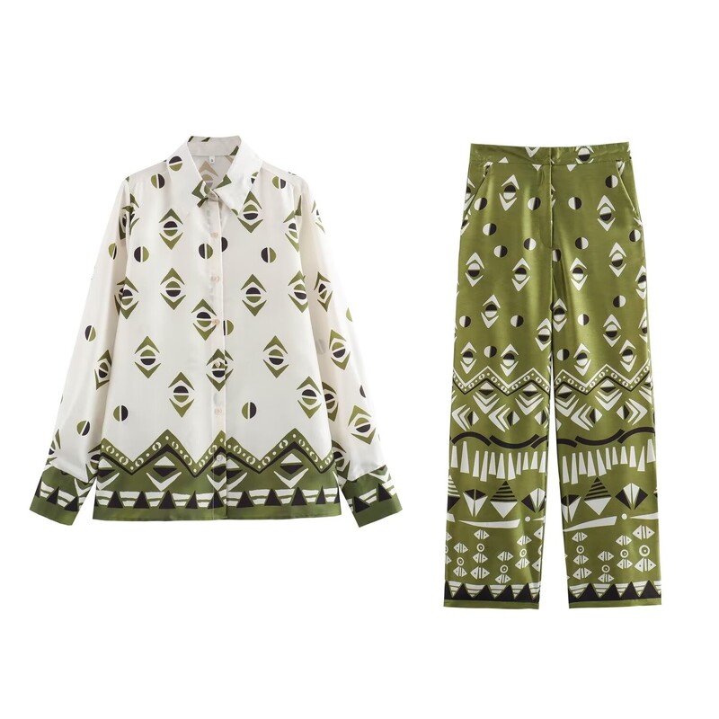 Ženska košulja s printom na jedno kopčanje, majica s dugim rukavima i visokim strukom, ležerna, raznovrsna, komplet hlača s ravnim nogavicama Novo