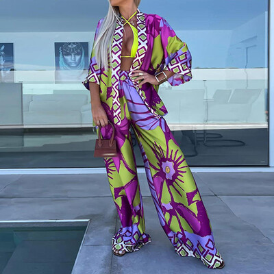 Ležerni kompleti hlača košulja s printom Ženska široka ovratnica s jednim kopčanjem Hlače širokih nogavica Ženska odijela Proljeće ljeto 2024.