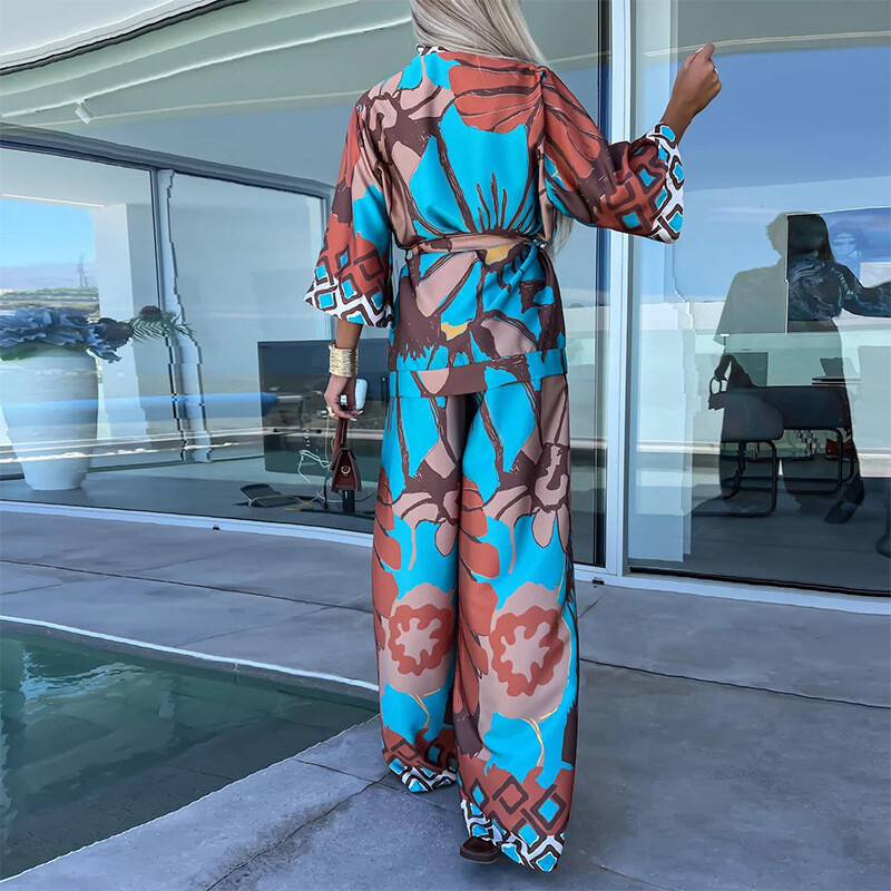 Ležerni kompleti hlača košulja s printom Ženska široka ovratnica s jednim kopčanjem Hlače širokih nogavica Ženska odijela Proljeće ljeto 2024.