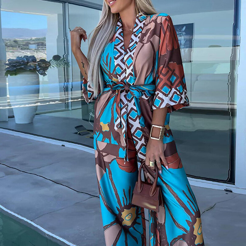 Ležerni kompleti hlača košulja s printom Ženska široka ovratnica s jednim kopčanjem Hlače širokih nogavica Ženska odijela Proljeće ljeto 2024.