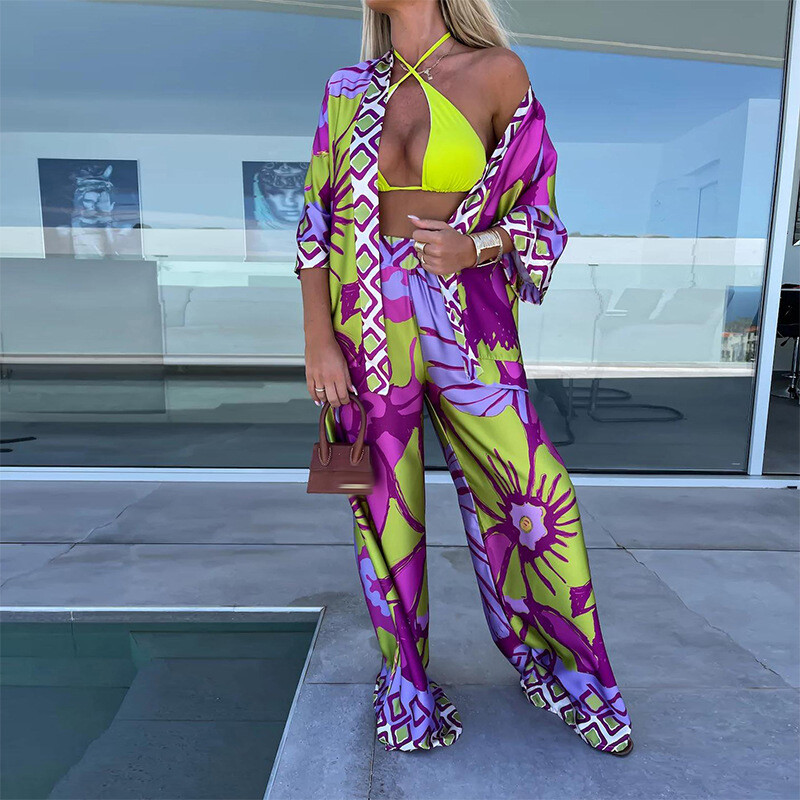 Ležerni kompleti hlača košulja s printom Ženska široka ovratnica s jednim kopčanjem Hlače širokih nogavica Ženska odijela Proljeće ljeto 2024.