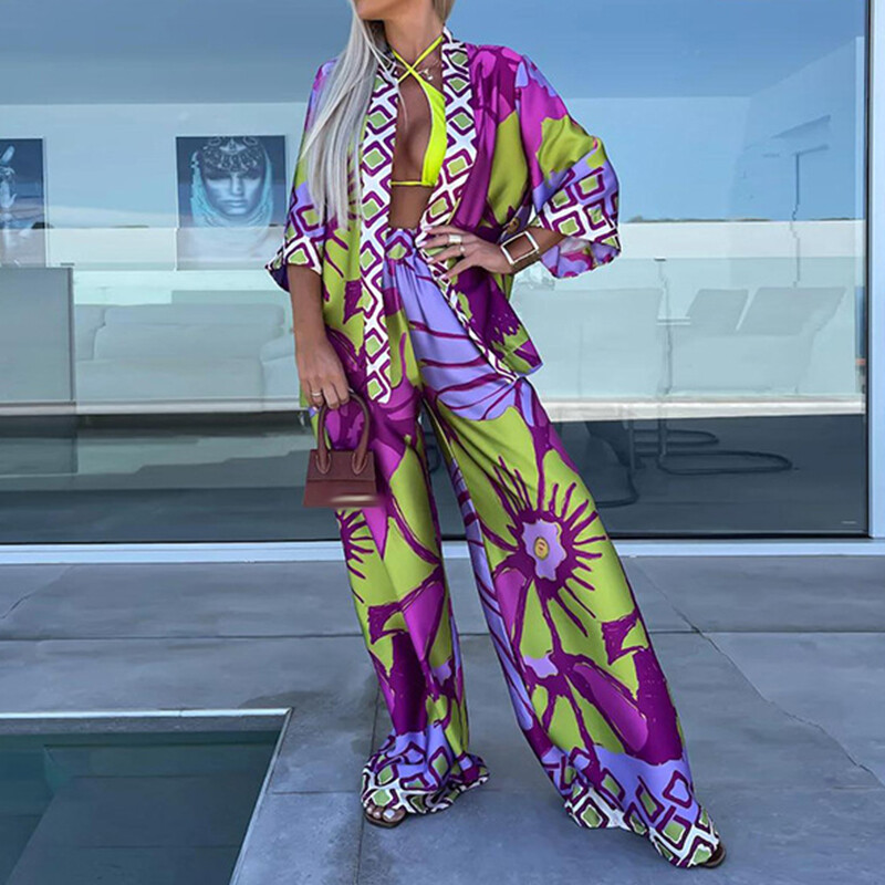 Ležerni kompleti hlača košulja s printom Ženska široka ovratnica s jednim kopčanjem Hlače širokih nogavica Ženska odijela Proljeće ljeto 2024.