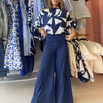 2024 ținută de damă pentru navetist cu gât tăiat cu mâneci lungi, bluză, topuri și pantaloni largi, model de vară, costum de birou imprimat în două piese