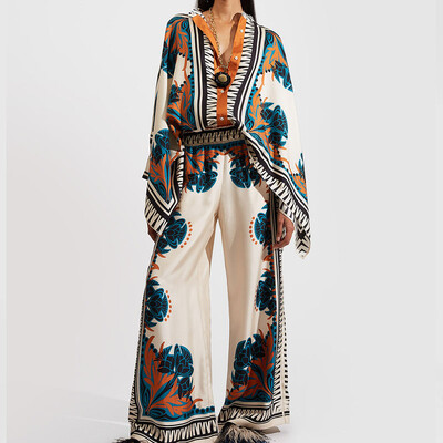 Moda cu gâtul O, buton, cămăși cu mânecă lungă și ținute cu pantaloni lungi, femei, model elegant, imprimeu, costume largi, ocazional, cu picioare late, seturi de 2 buc.