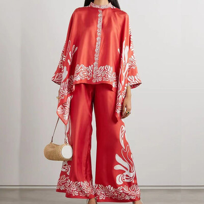 Moda cu gâtul O, buton, cămăși cu mânecă lungă și ținute cu pantaloni lungi, femei, model elegant, imprimeu, costume largi, ocazional, cu picioare late, seturi de 2 buc.