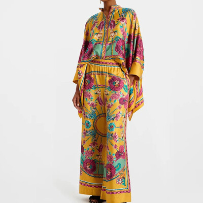 Moda cu gâtul O, buton, cămăși cu mânecă lungă și ținute cu pantaloni lungi, femei, model elegant, imprimeu, costume largi, ocazional, cu picioare late, seturi de 2 buc.