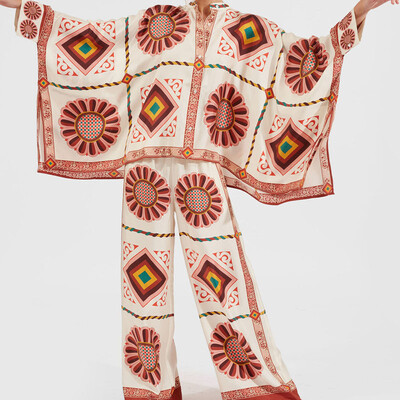 Moda cu gâtul O, buton, cămăși cu mânecă lungă și ținute cu pantaloni lungi, femei, model elegant, imprimeu, costume largi, ocazional, cu picioare late, seturi de 2 buc.