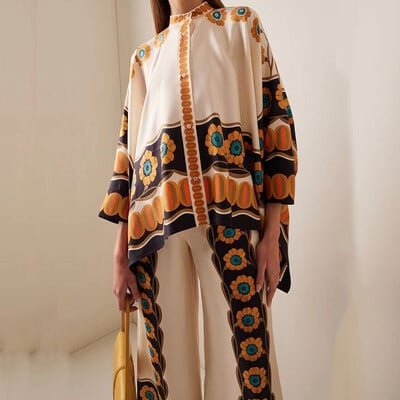 Moda cu gâtul O, buton, cămăși cu mânecă lungă și ținute cu pantaloni lungi, femei, model elegant, imprimeu, costume largi, ocazional, cu picioare late, seturi de 2 buc.