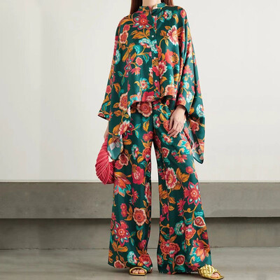 Moda cu gâtul O, buton, cămăși cu mânecă lungă și ținute cu pantaloni lungi, femei, model elegant, imprimeu, costume largi, ocazional, cu picioare late, seturi de 2 buc.