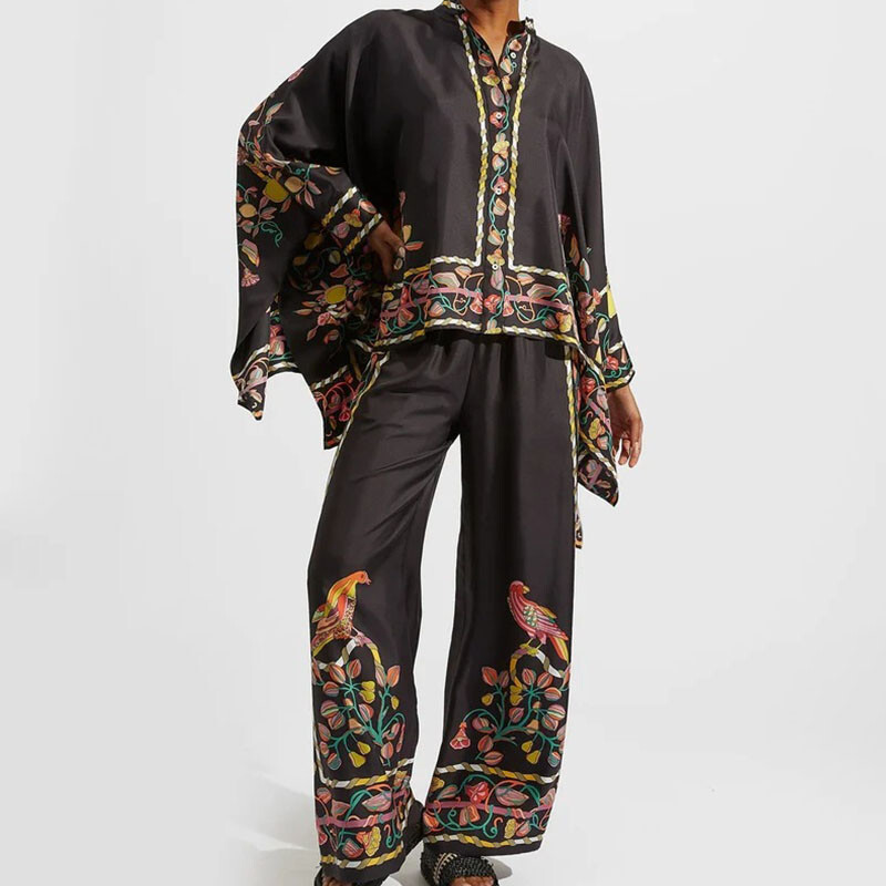 Moda cu gâtul O, buton, cămăși cu mânecă lungă și ținute cu pantaloni lungi, femei, model elegant, imprimeu, costume largi, ocazional, cu picioare late, seturi de 2 buc.