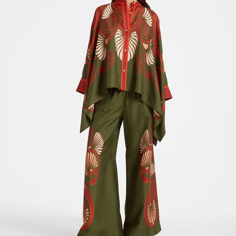 Moda cu gâtul O, buton, cămăși cu mânecă lungă și ținute cu pantaloni lungi, femei, model elegant, imprimeu, costume largi, ocazional, cu picioare late, seturi de 2 buc.