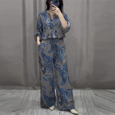 Jesenska široka odjeća s dugim rukavima i dugim rukavima Ležerna odijela s dugim hlačama s džepovima Ravni dvodijelni kompleti s otisnutim uzorkom