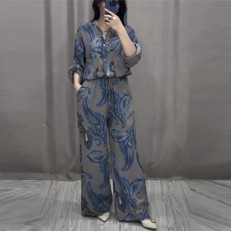 Jesenska široka odjeća s dugim rukavima i dugim rukavima Ležerna odijela s dugim hlačama s džepovima Ravni dvodijelni kompleti s otisnutim uzorkom