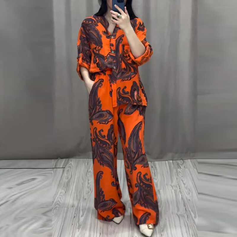 Jesenska široka odjeća s dugim rukavima i dugim rukavima Ležerna odijela s dugim hlačama s džepovima Ravni dvodijelni kompleti s otisnutim uzorkom