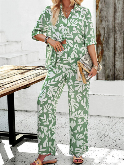 Ljetni kompleti hlača Ženski labavi ležerni praznični kompleti hlača s printom na plaži Ženska košulja kratkih rukava Dvodijelni kompleti širokih nogavica
