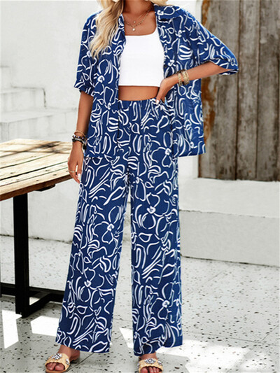 Ljetni kompleti hlača Ženski labavi ležerni praznični kompleti hlača s printom na plaži Ženska košulja kratkih rukava Dvodijelni kompleti širokih nogavica