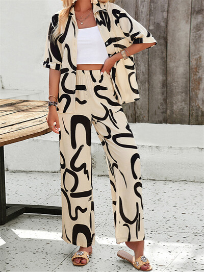 Ljetni kompleti hlača Ženski labavi ležerni praznični kompleti hlača s printom na plaži Ženska košulja kratkih rukava Dvodijelni kompleti širokih nogavica